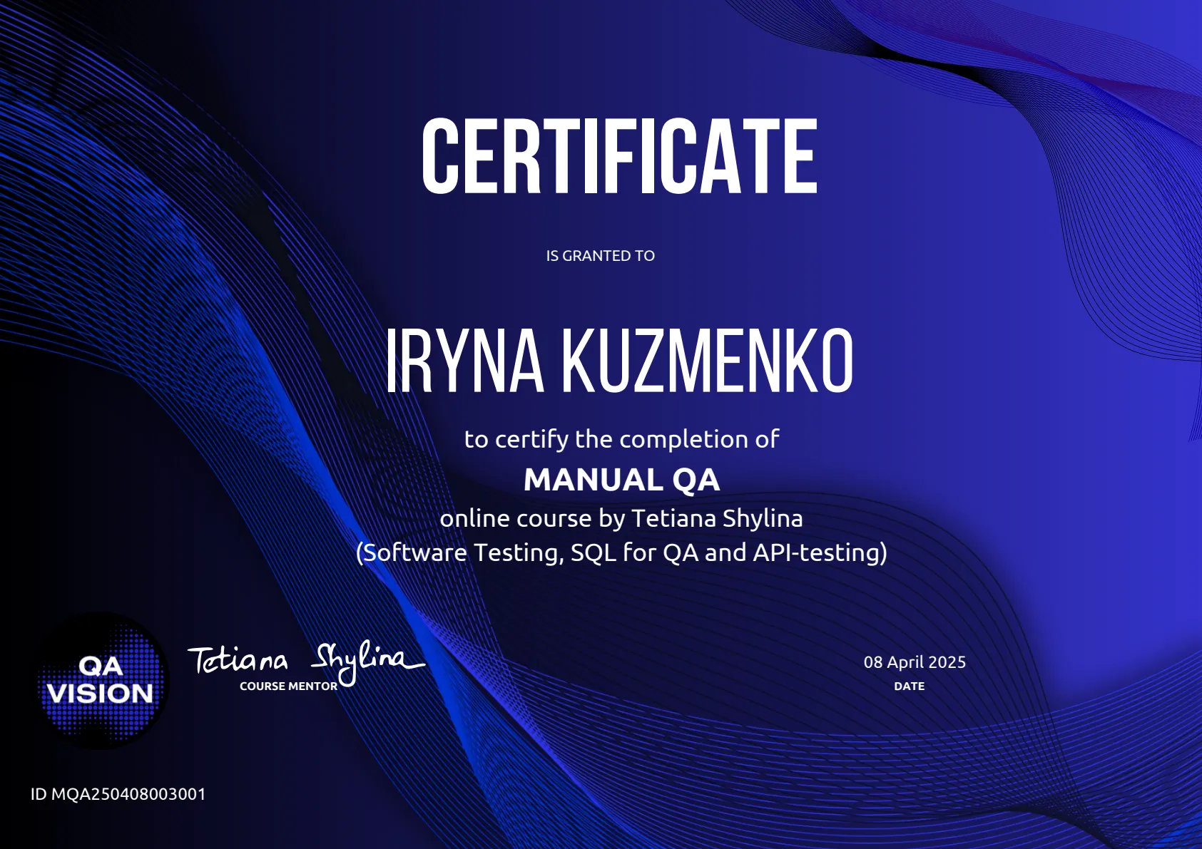 Certificate Iryna Kuzmenko
